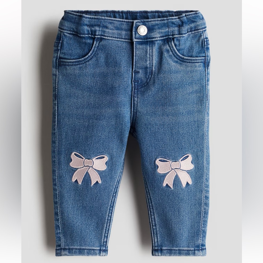 H&M Baby Denim Blue Jeans with Embroidered Pink Bows